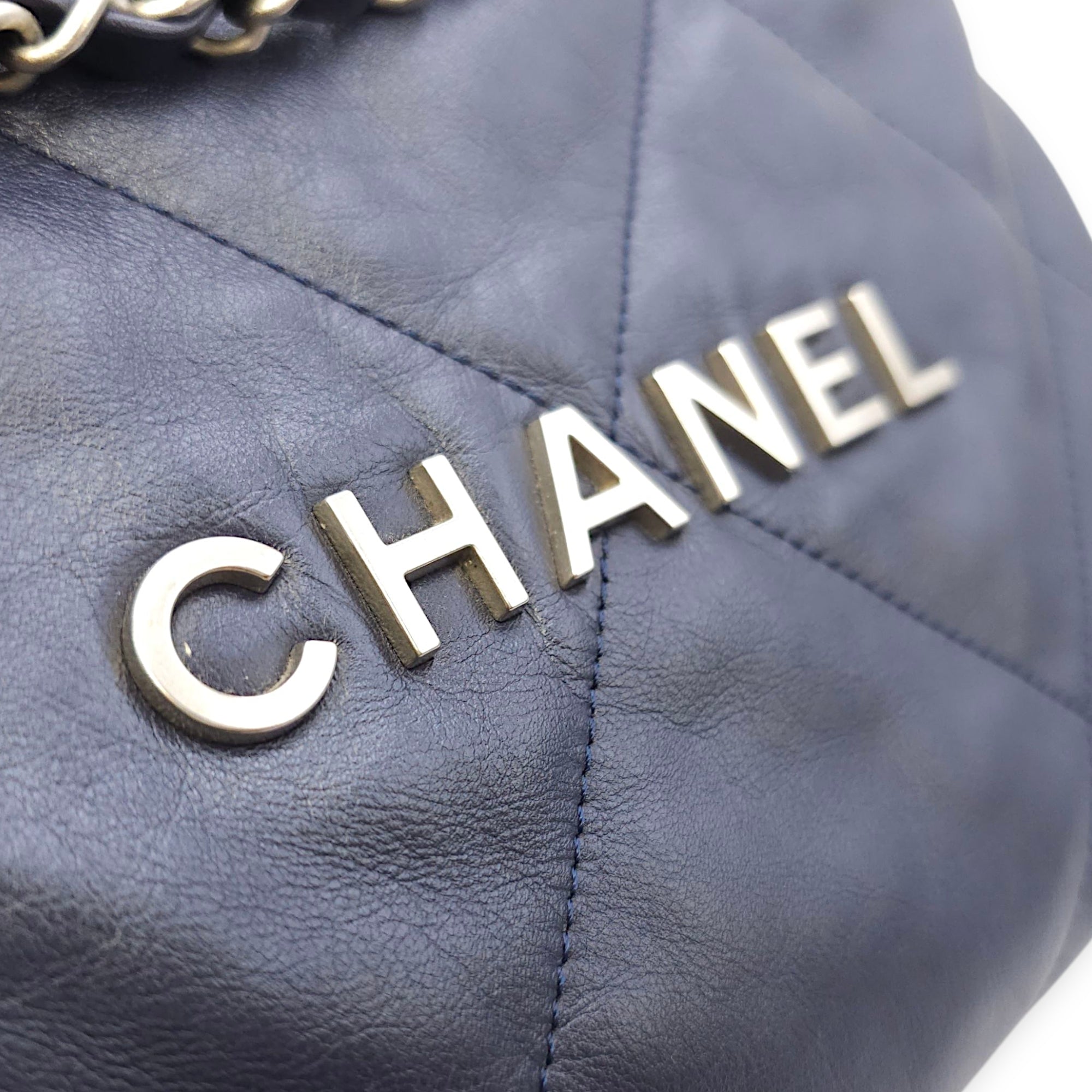 C22 Medium Blue Tote Bag in Calfskin, Silver hardware
