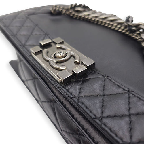 Le Boy Enchained Medium Black Flap Bag in Calfskin, Ruthenium hardware
