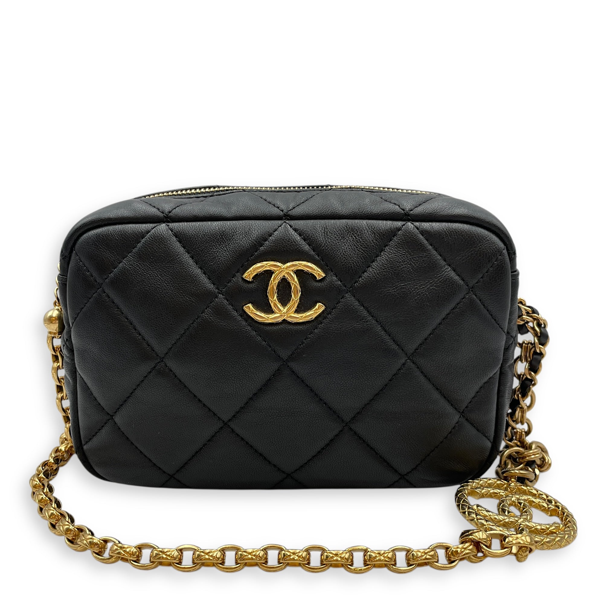 Camera Black Crossbody Bag in Lambskin, Gold hardware