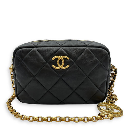 Camera Black Crossbody Bag in Lambskin, Gold hardware
