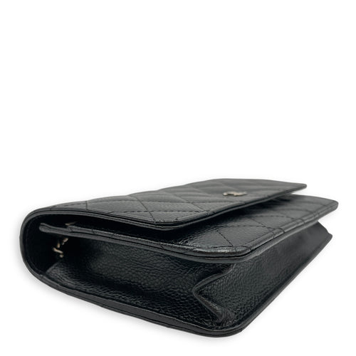 Quilted Black Wallet on Chain in Caviar Leather, Silver hardware