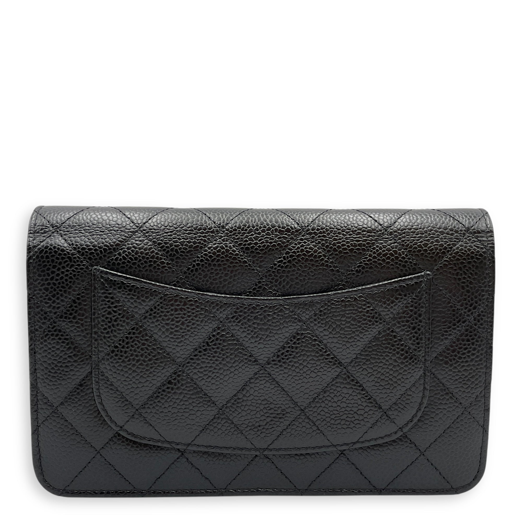 Quilted Black Wallet on Chain in Caviar Leather, Silver hardware