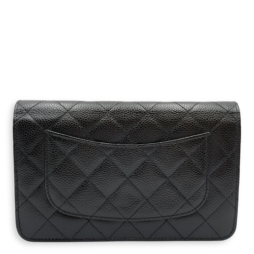 Quilted Black Wallet on Chain in Caviar Leather, Silver hardware