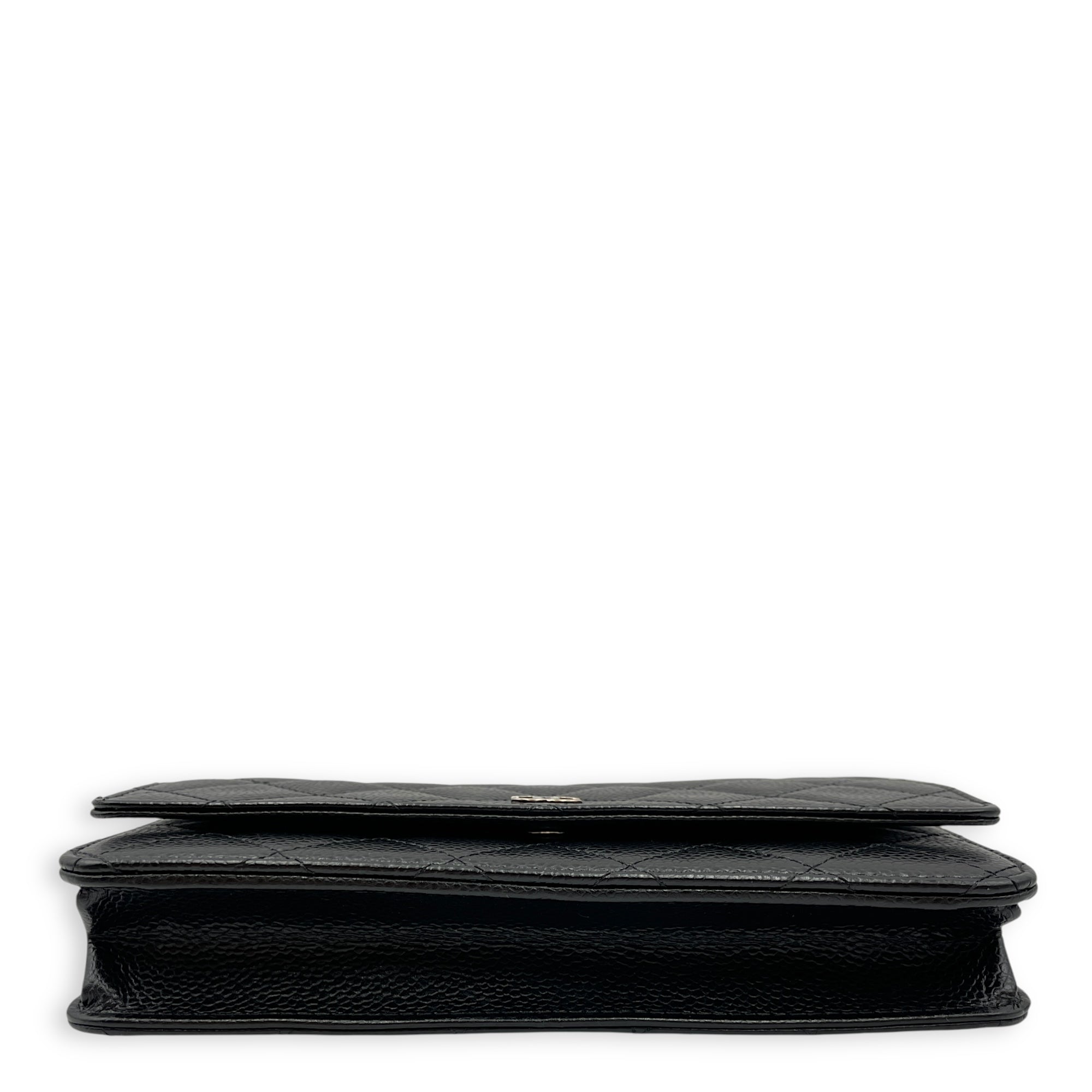 Quilted Black Wallet on Chain in Caviar Leather, Silver hardware
