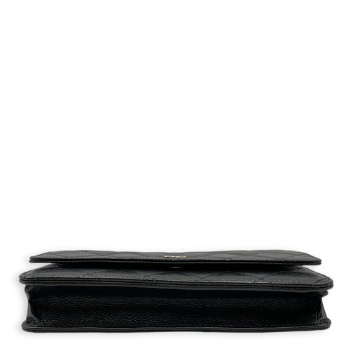 Quilted Black Wallet on Chain in Caviar Leather, Silver hardware