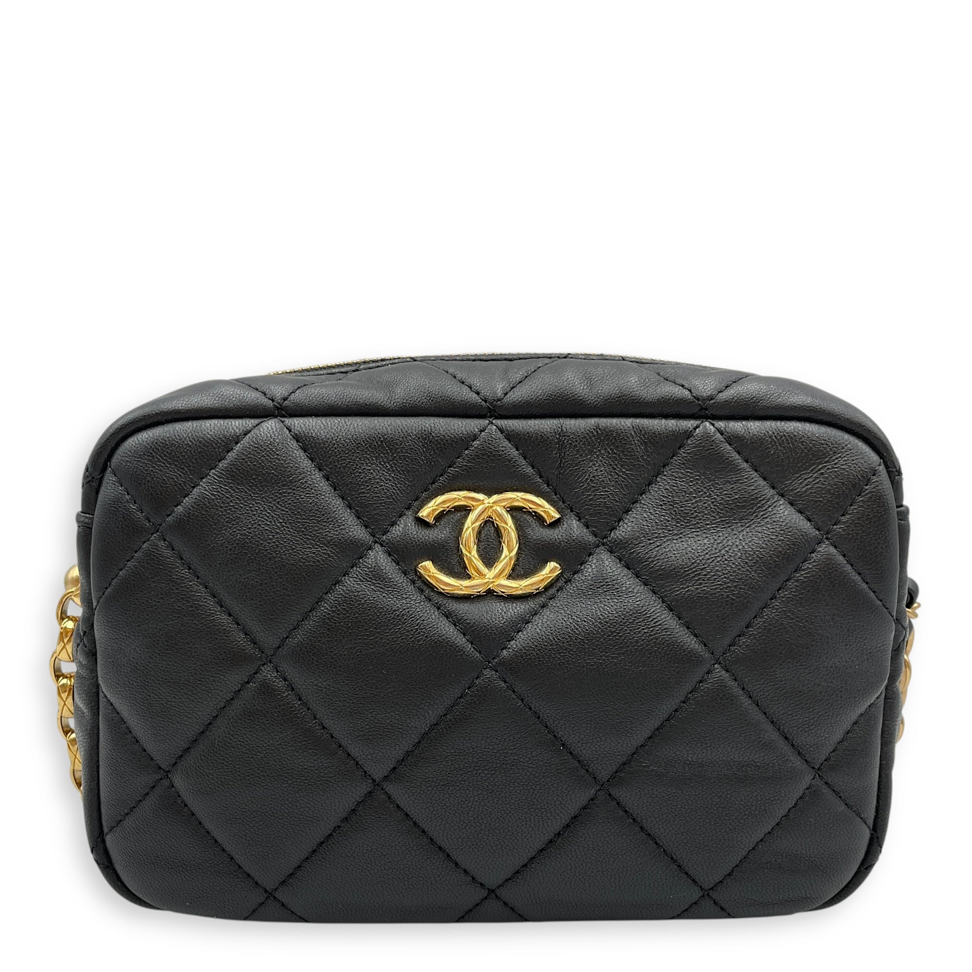 Camera Black Crossbody Bag in Lambskin, Gold hardware