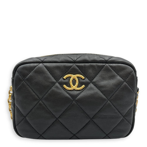 Camera Black Crossbody Bag in Lambskin, Gold hardware
