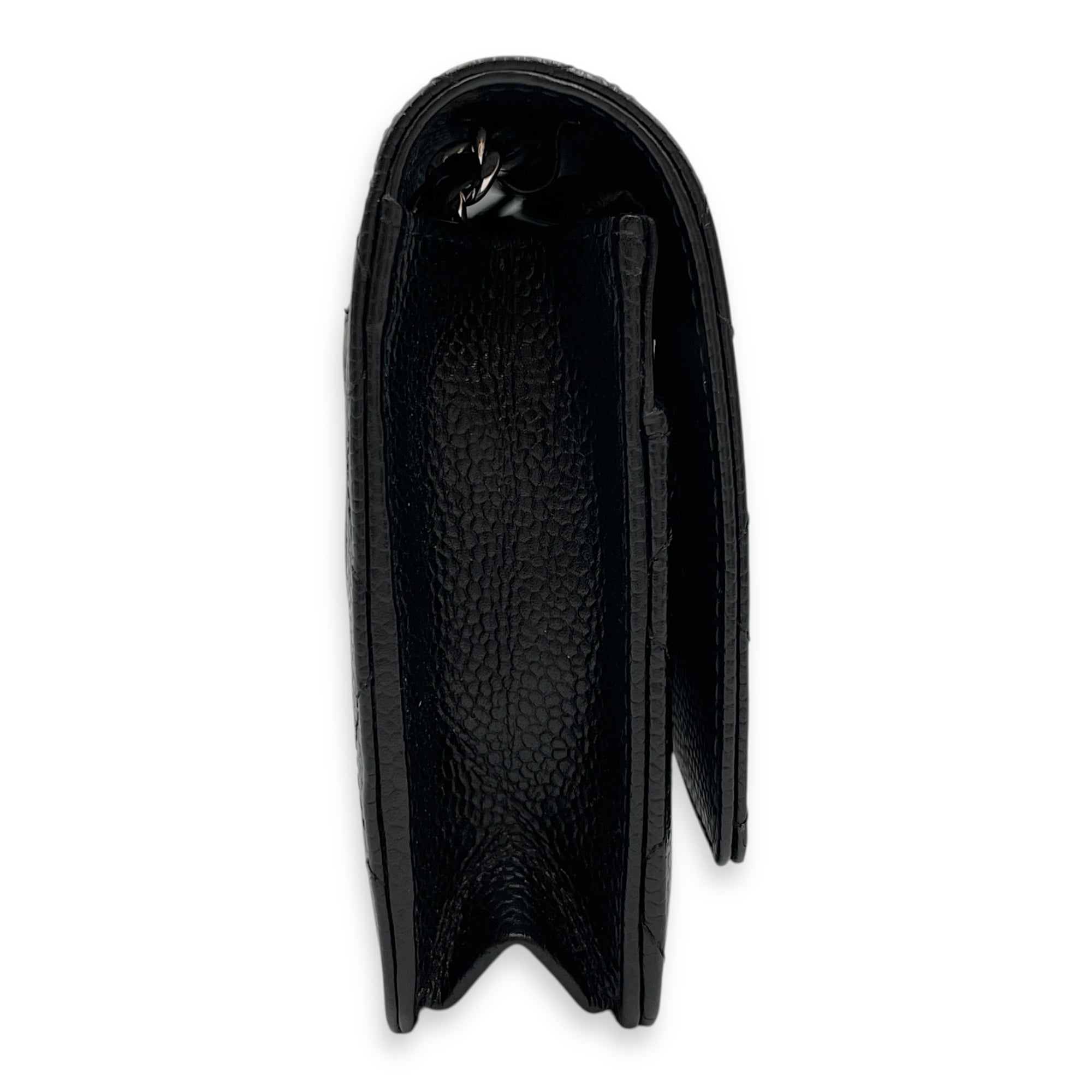 Quilted Black Wallet on Chain in Caviar Leather, Silver hardware