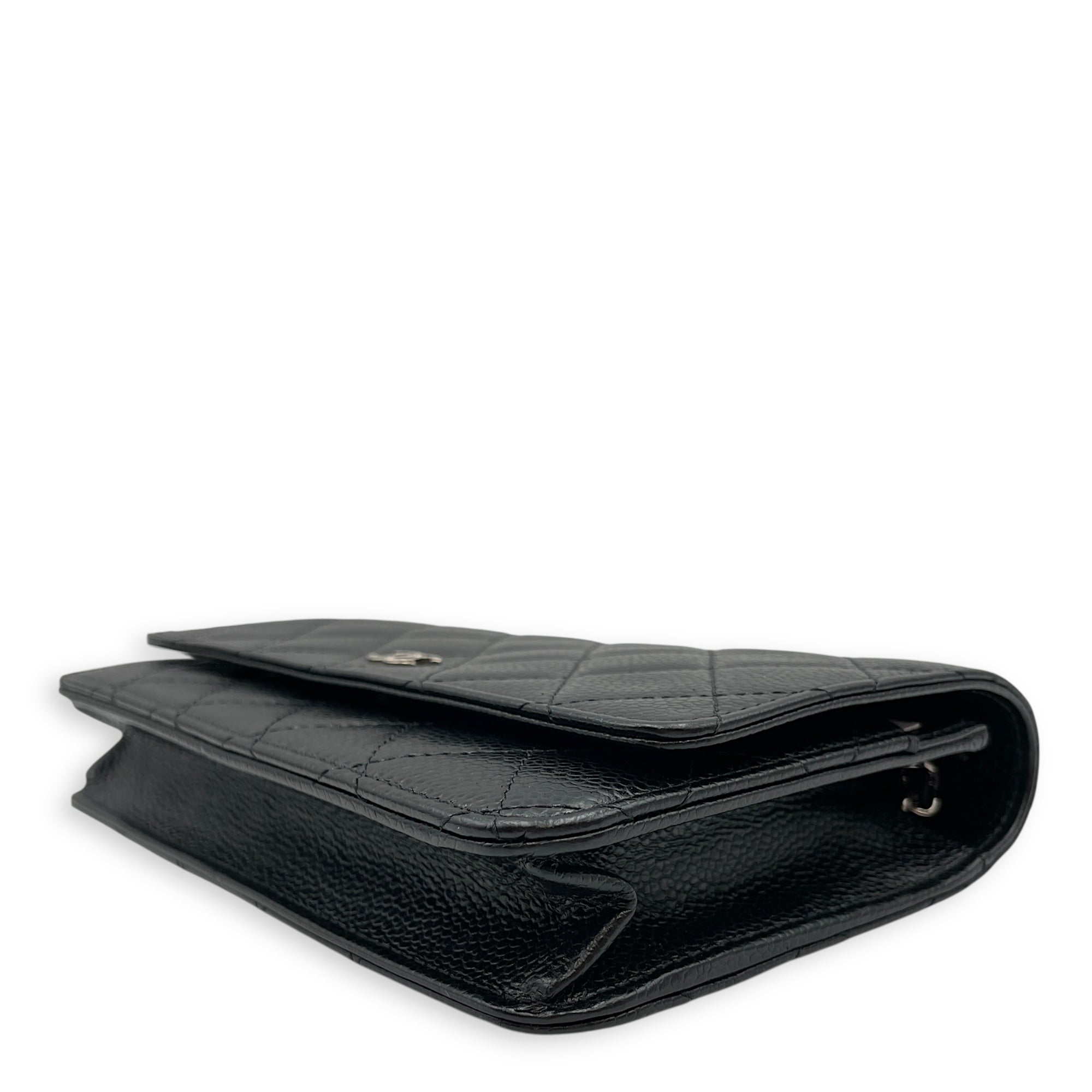 Quilted Black Wallet on Chain in Caviar Leather, Silver hardware