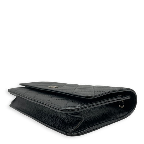 Quilted Black Wallet on Chain in Caviar Leather, Silver hardware