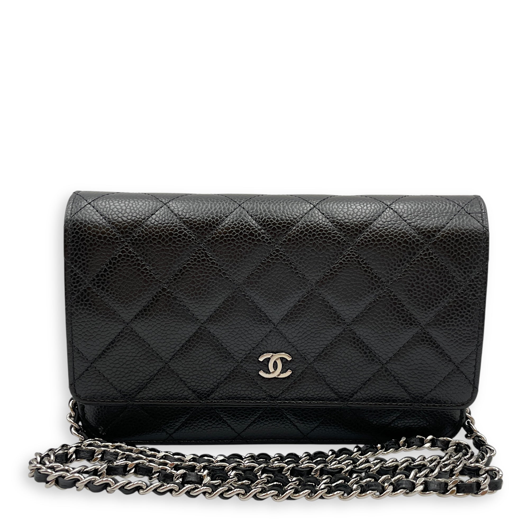 Quilted Black Wallet on Chain in Caviar Leather, Silver hardware
