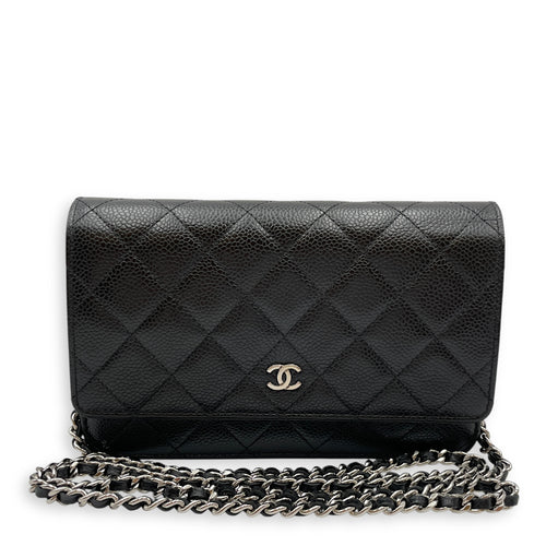 Quilted Black Wallet on Chain in Caviar Leather, Silver hardware