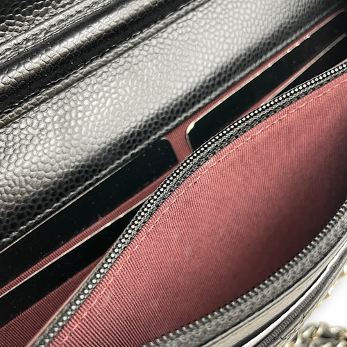 Quilted Black Wallet on Chain in Caviar Leather, Silver hardware