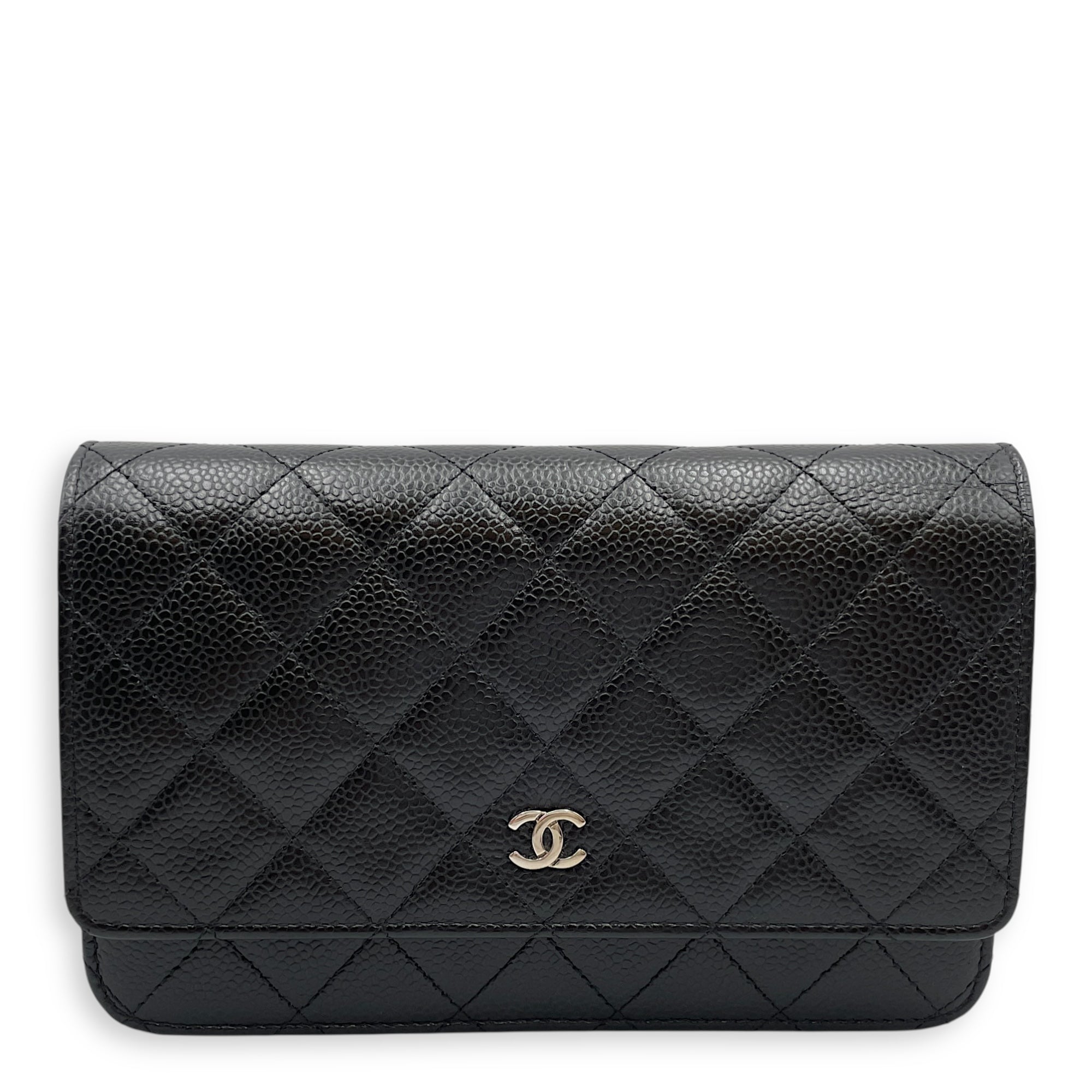 Quilted Black Wallet on Chain in Caviar Leather, Silver hardware
