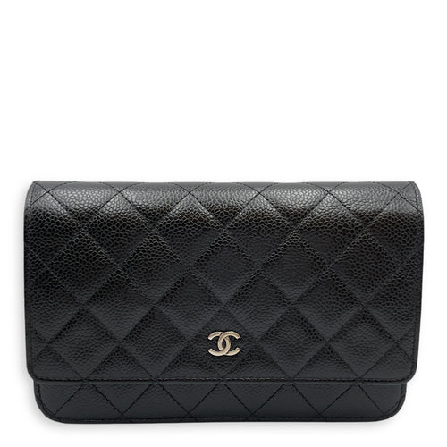 Quilted Black Wallet on Chain in Caviar Leather, Silver hardware
