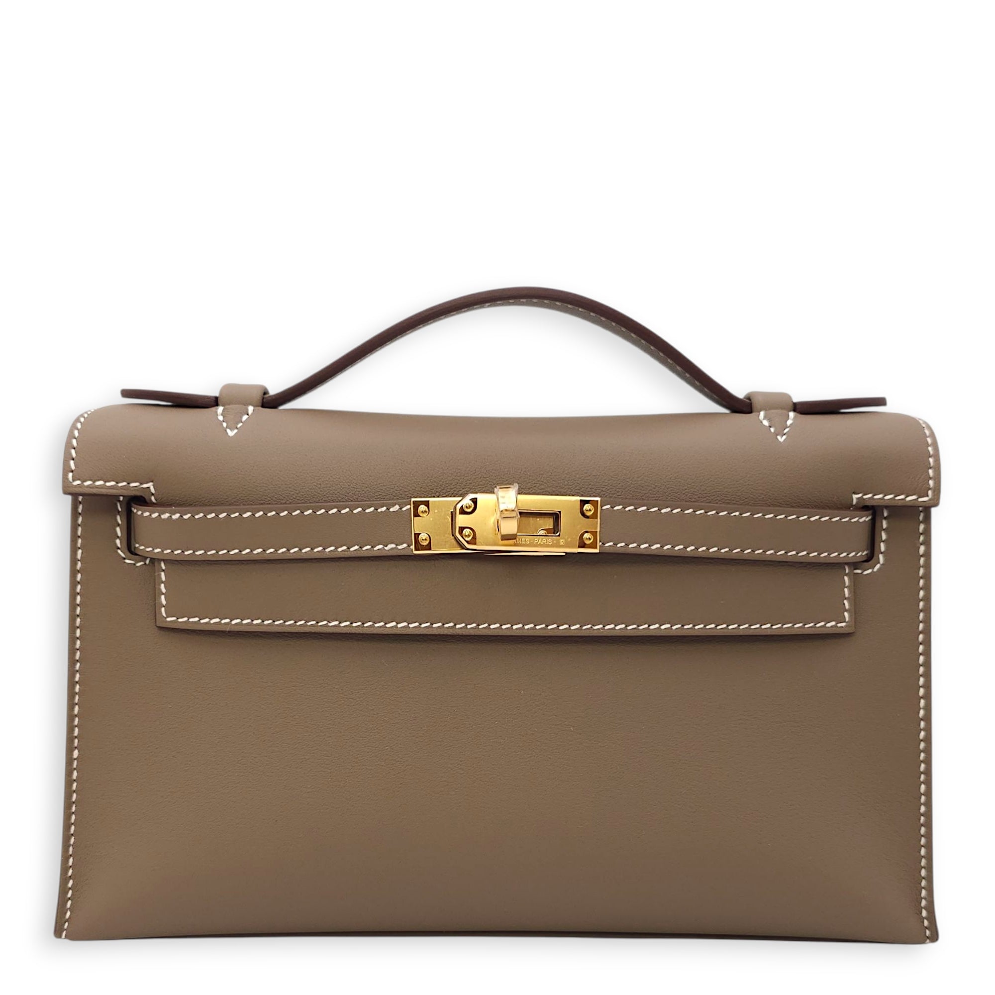 Kelly Pochette Etoupe in Swift, Gold hardware