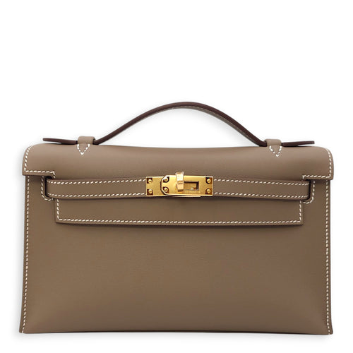 Kelly Pochette Etoupe in Swift, Gold hardware
