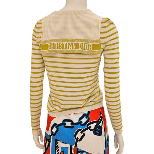 Striped V-Neck Sweater 34 Green Ready-To-Wear in Silk