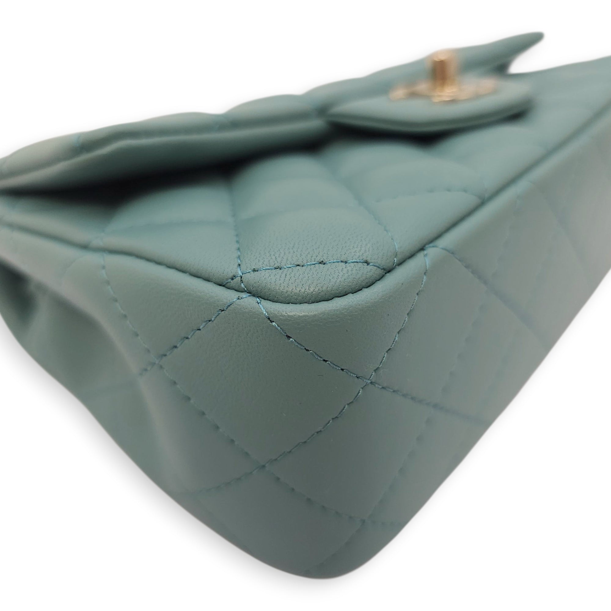 Rectangular Mini Teal Flap Bag in Lambskin, Gold hardware