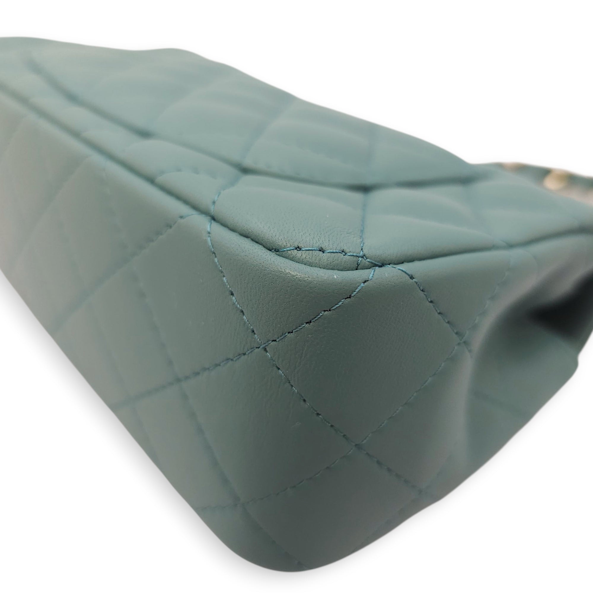 Rectangular Mini Teal Flap Bag in Lambskin, Gold hardware