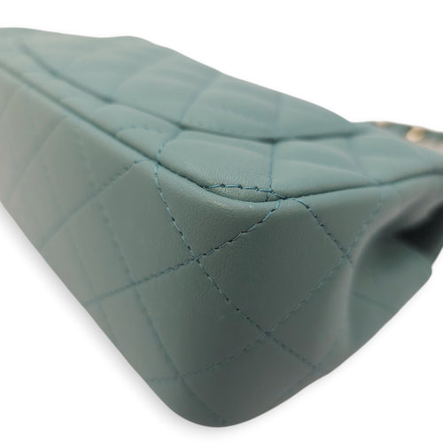 Rectangular Mini Teal Flap Bag in Lambskin, Gold hardware