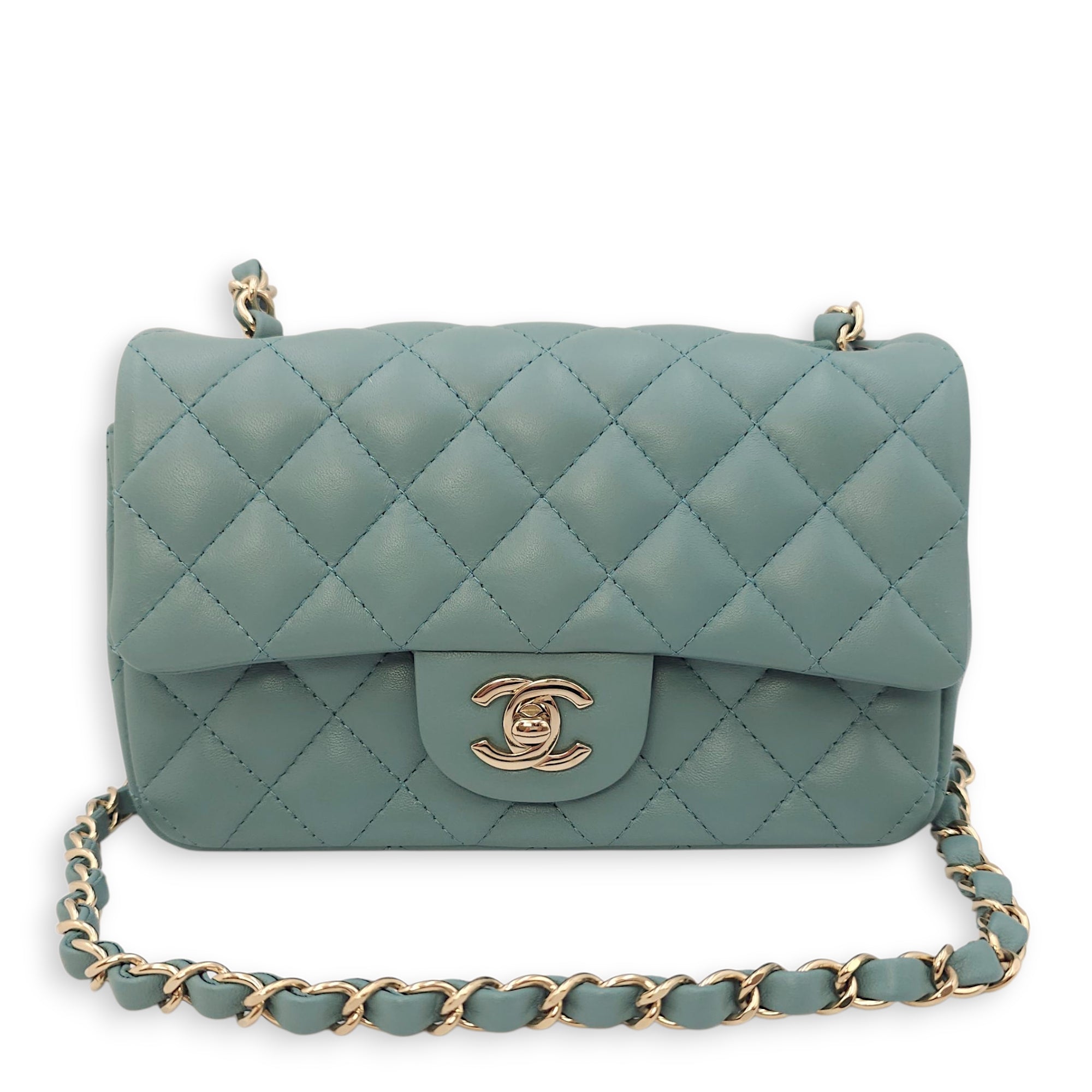 Rectangular Mini Teal Flap Bag in Lambskin, Gold hardware