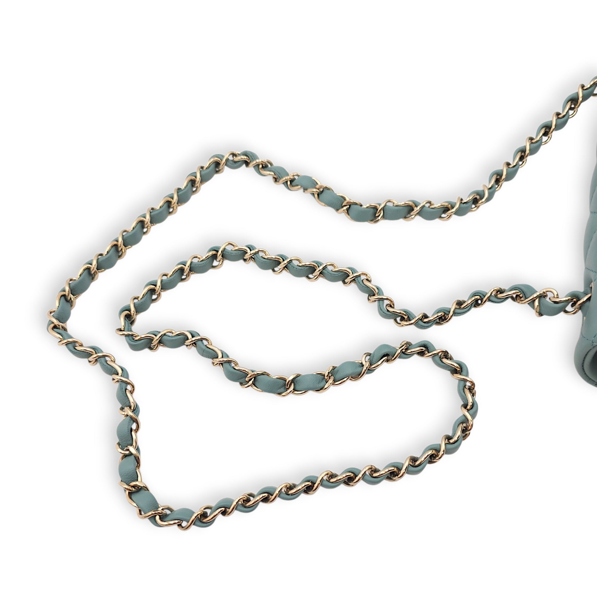 Rectangular Mini Teal Flap Bag in Lambskin, Gold hardware