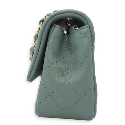 Rectangular Mini Teal Flap Bag in Lambskin, Gold hardware