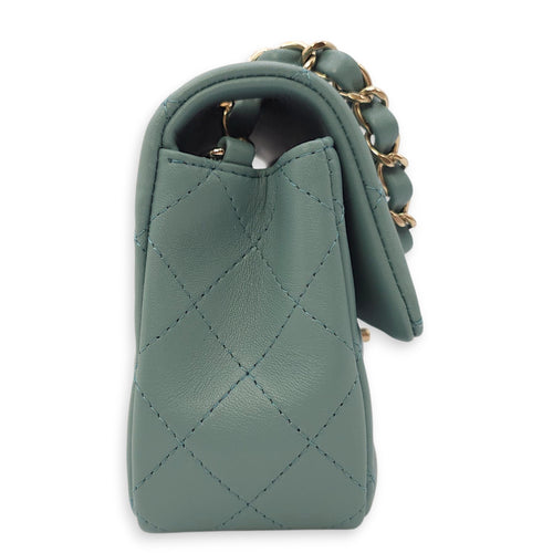 Rectangular Mini Teal Flap Bag in Lambskin, Gold hardware