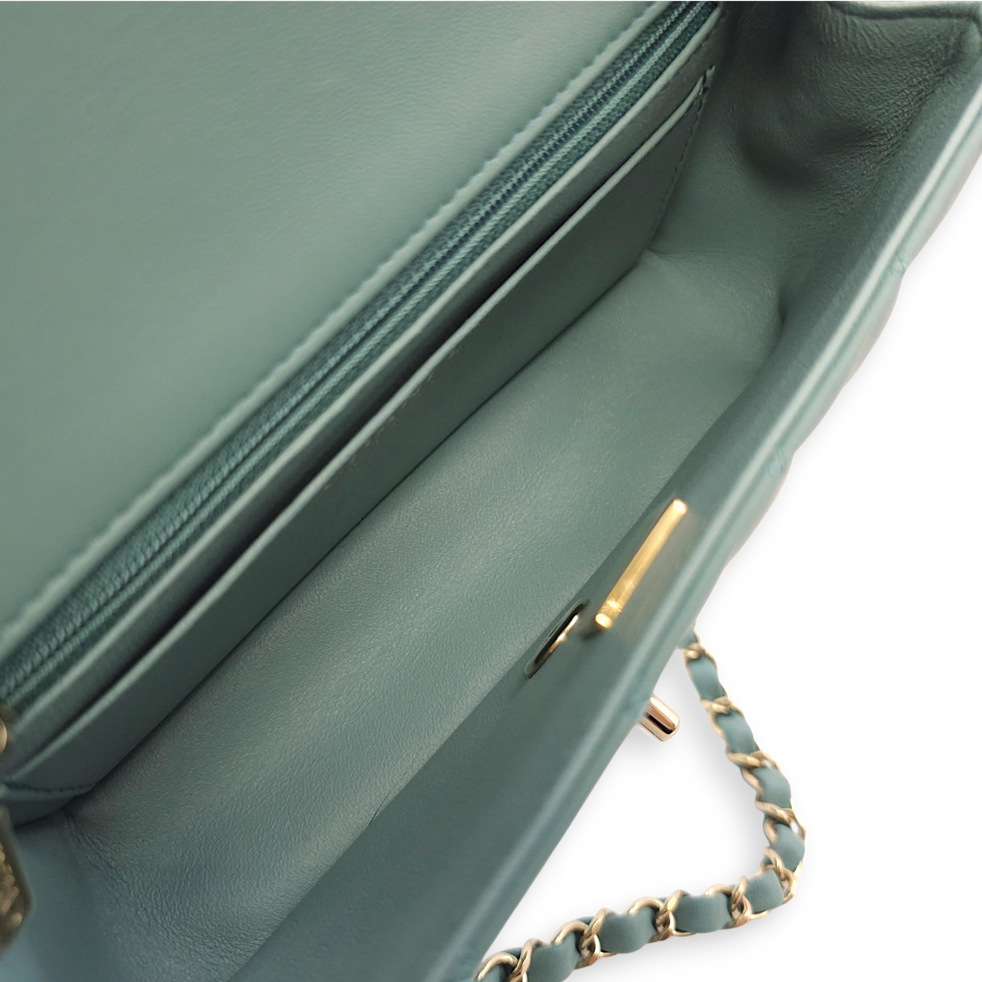 Rectangular Mini Teal Flap Bag in Lambskin, Gold hardware