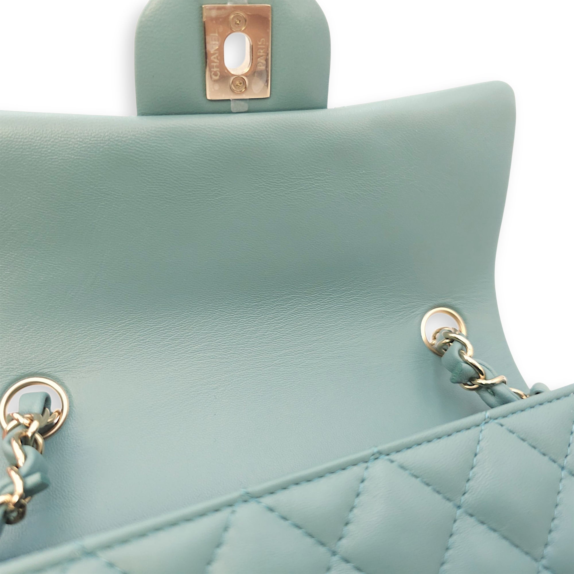 Rectangular Mini Teal Flap Bag in Lambskin, Gold hardware