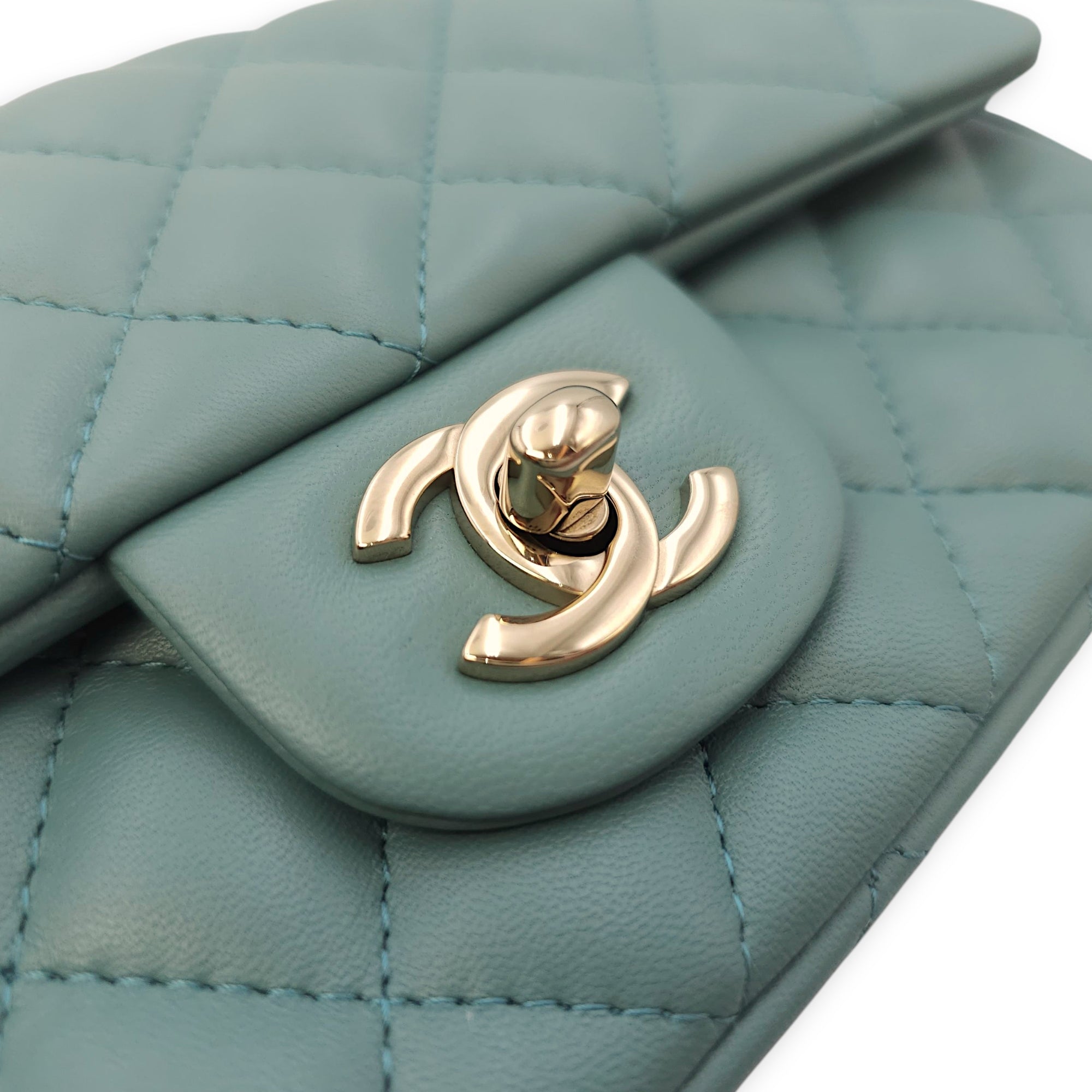 Rectangular Mini Teal Flap Bag in Lambskin, Gold hardware