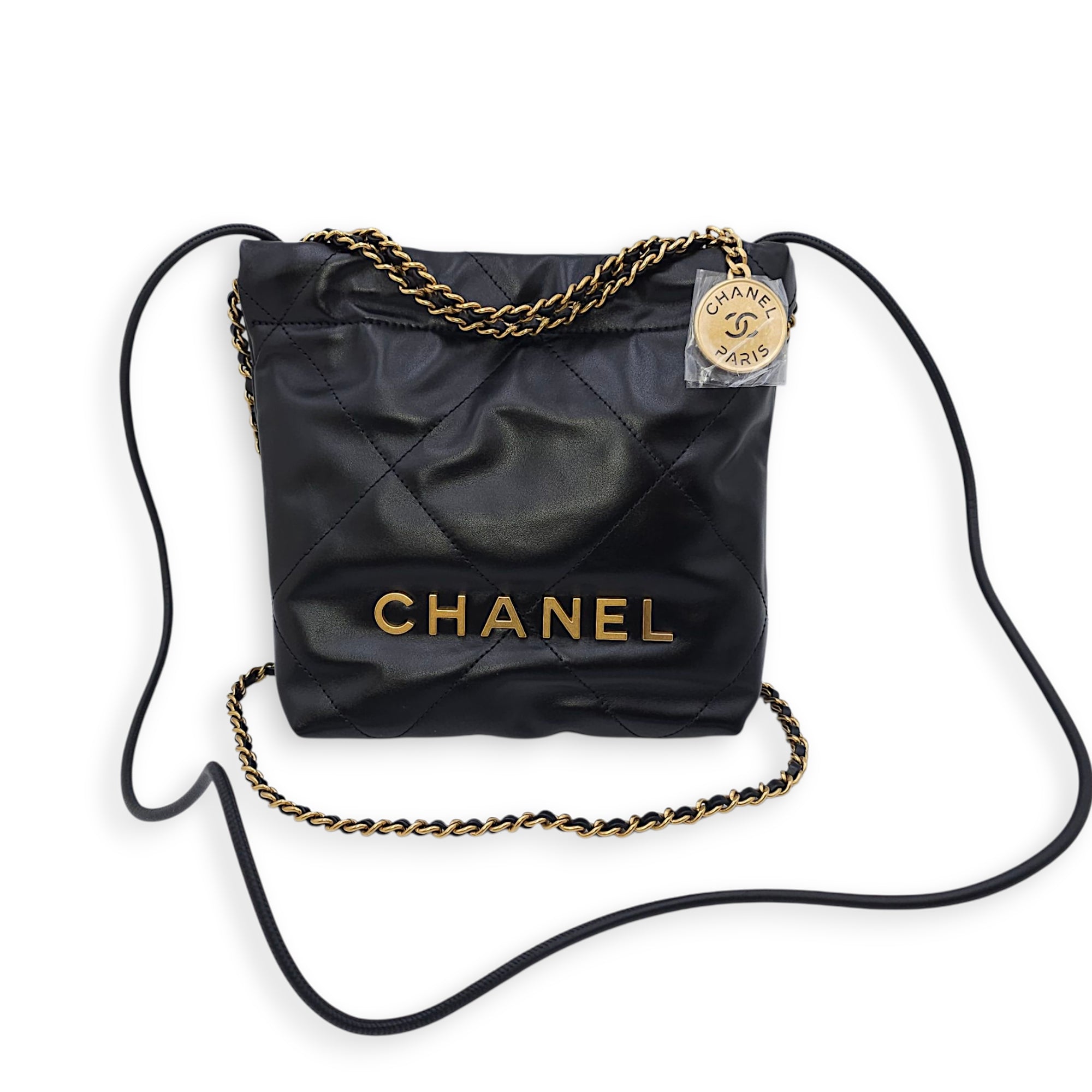 C22 Mini Black Shoulder Bag in Calfskin, Gold hardware
