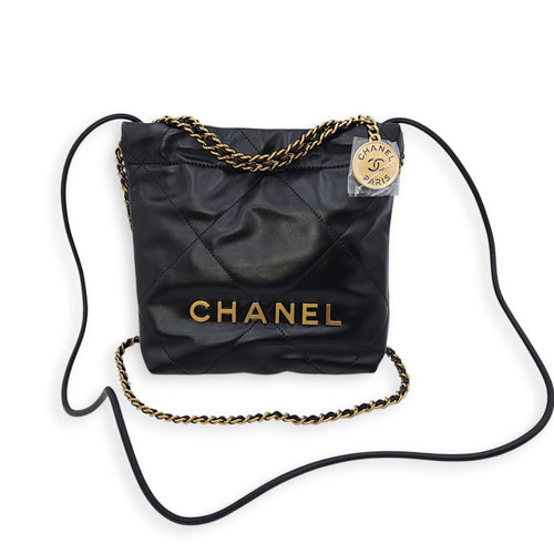 C22 Mini Black Shoulder Bag in Calfskin, Gold hardware