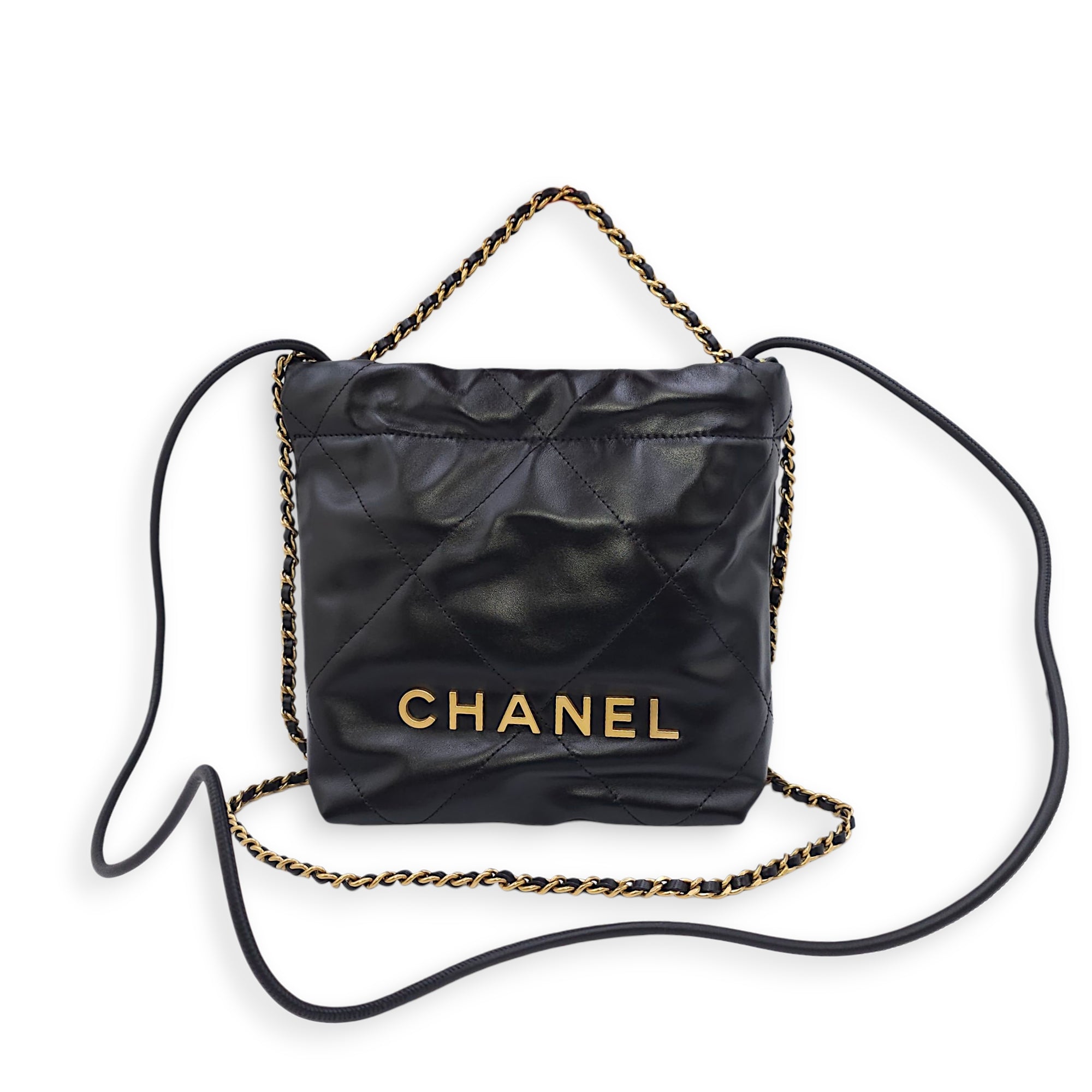 C22 Mini Black Shoulder Bag in Calfskin, Gold hardware