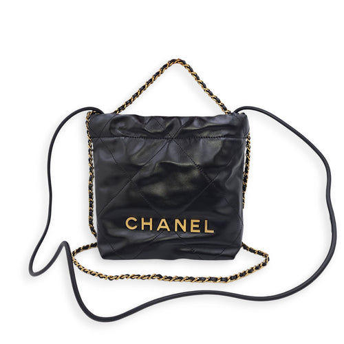 C22 Mini Black Shoulder Bag in Calfskin, Gold hardware