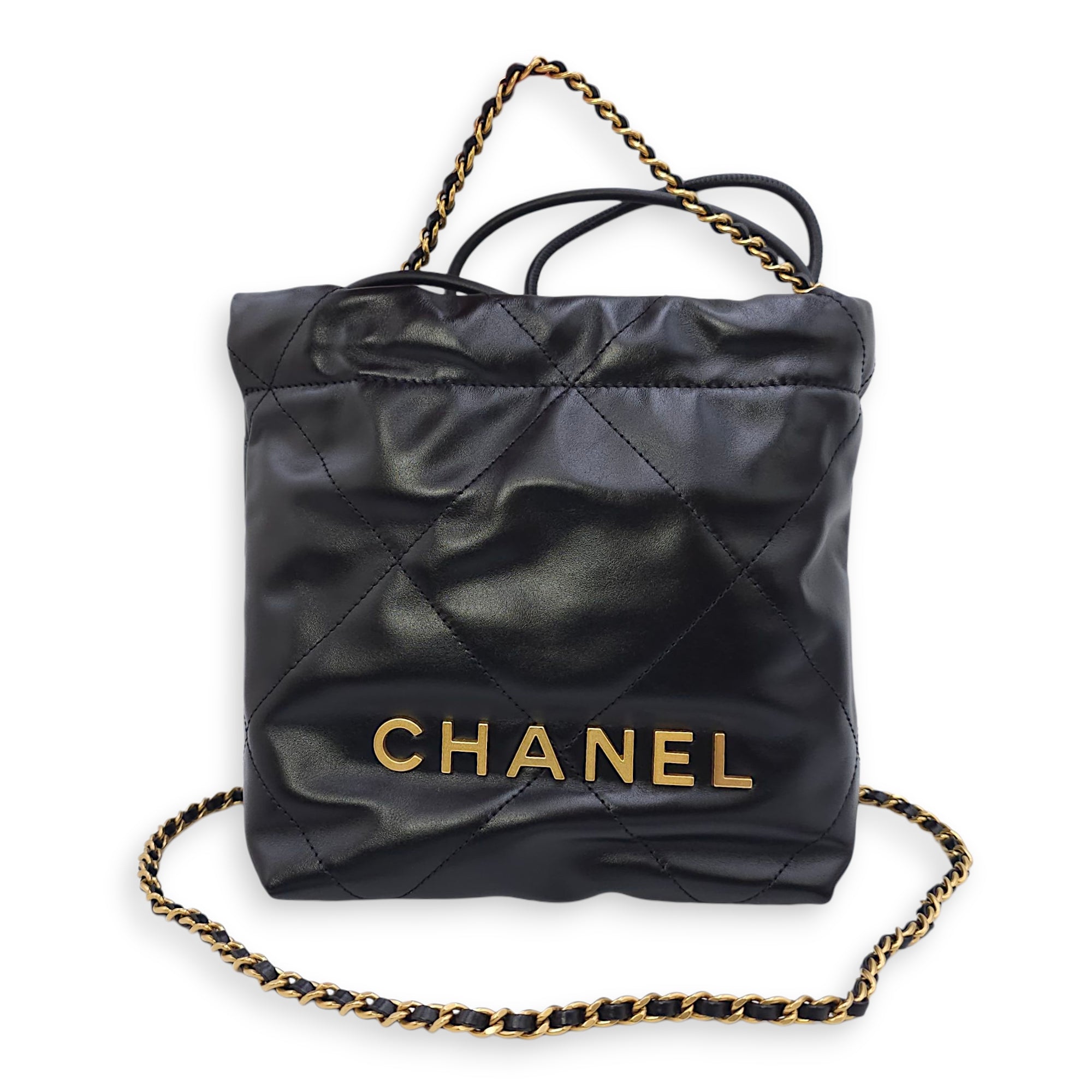 C22 Mini Black Shoulder Bag in Calfskin, Gold hardware
