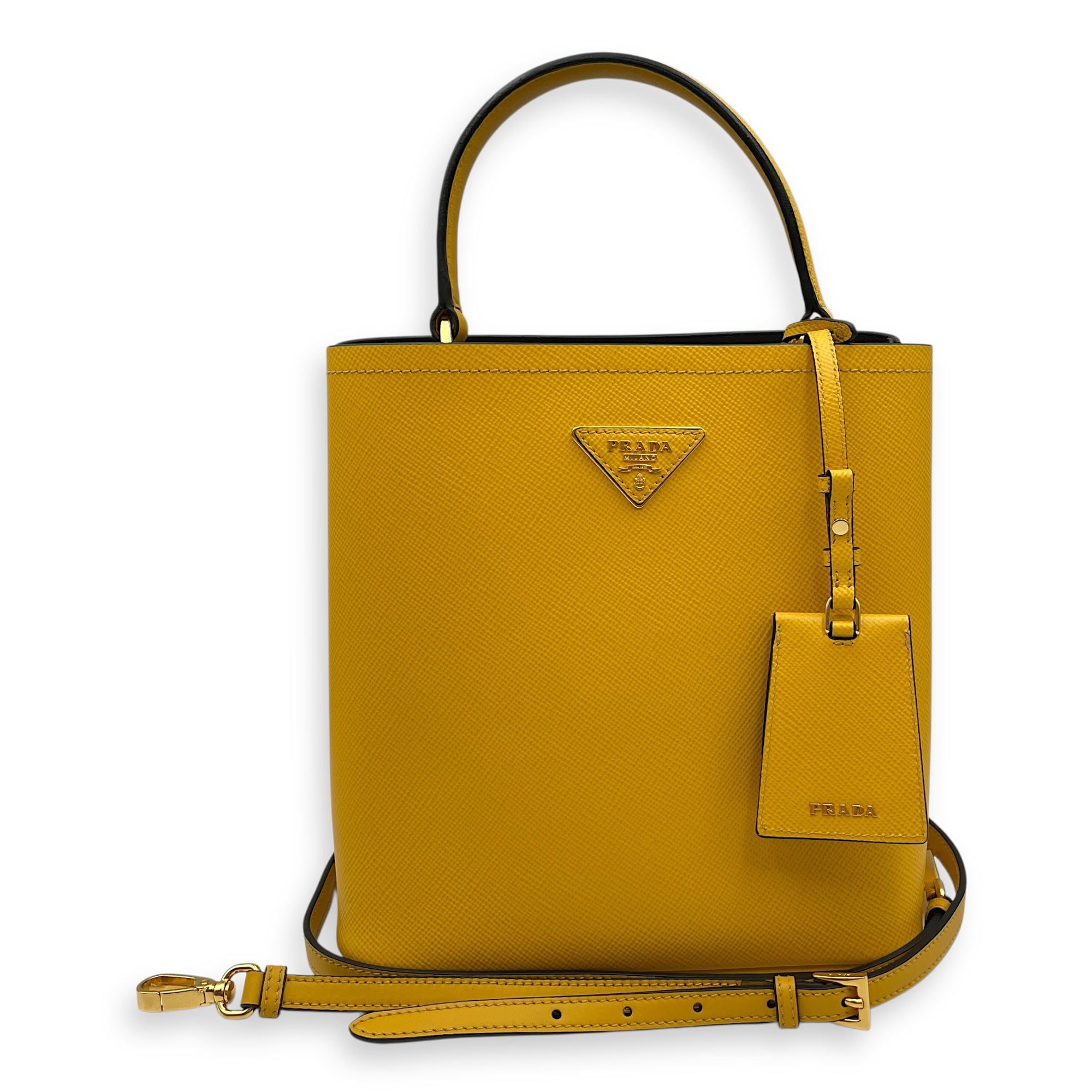 Panier Yellow Bucket Bag in Saffiano Leather, Gold hardware