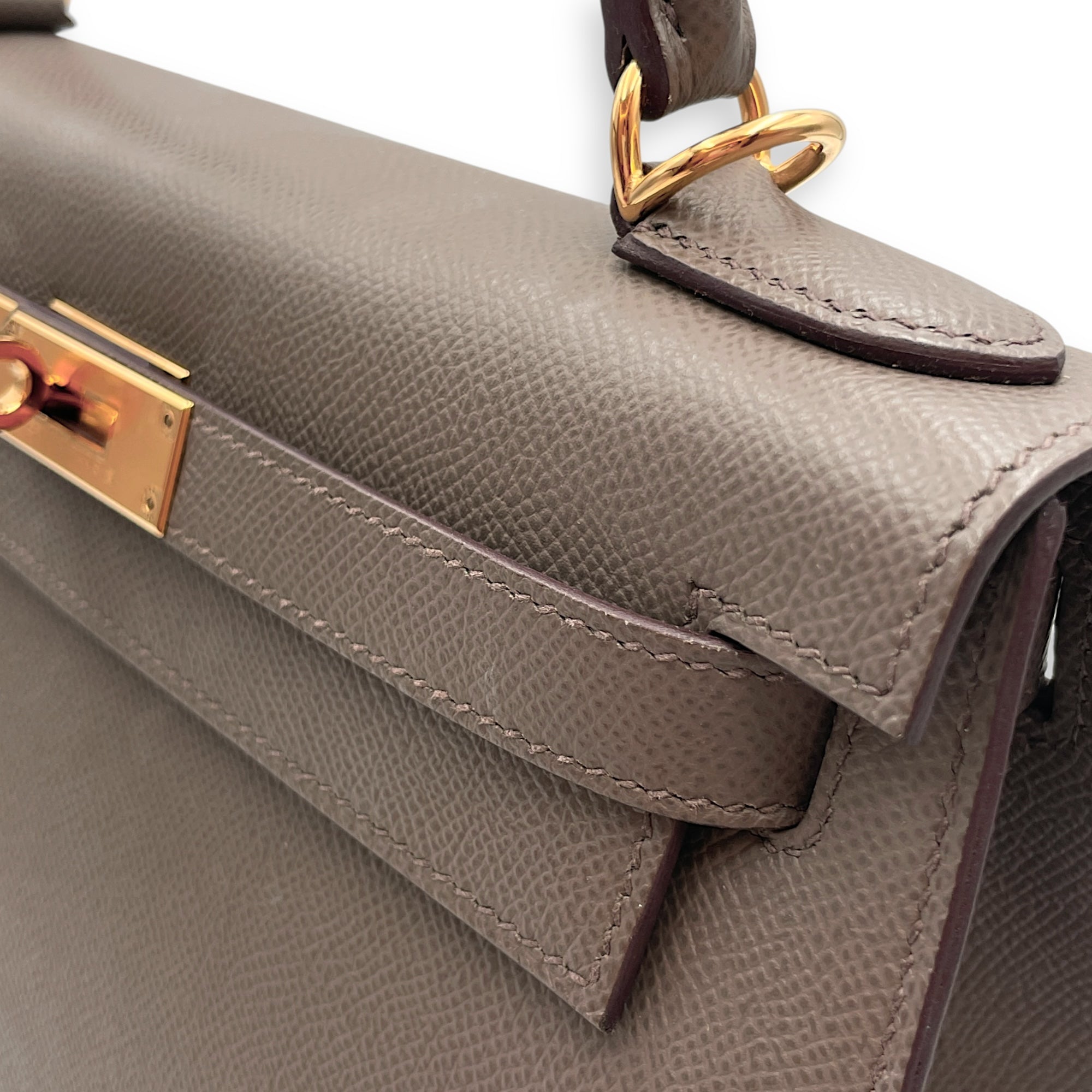 Sellier Kelly 28 Gris Etain in Epsom, Gold hardware