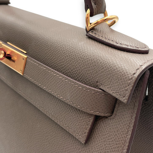 Sellier Kelly 28 Gris Etain in Epsom, Gold hardware