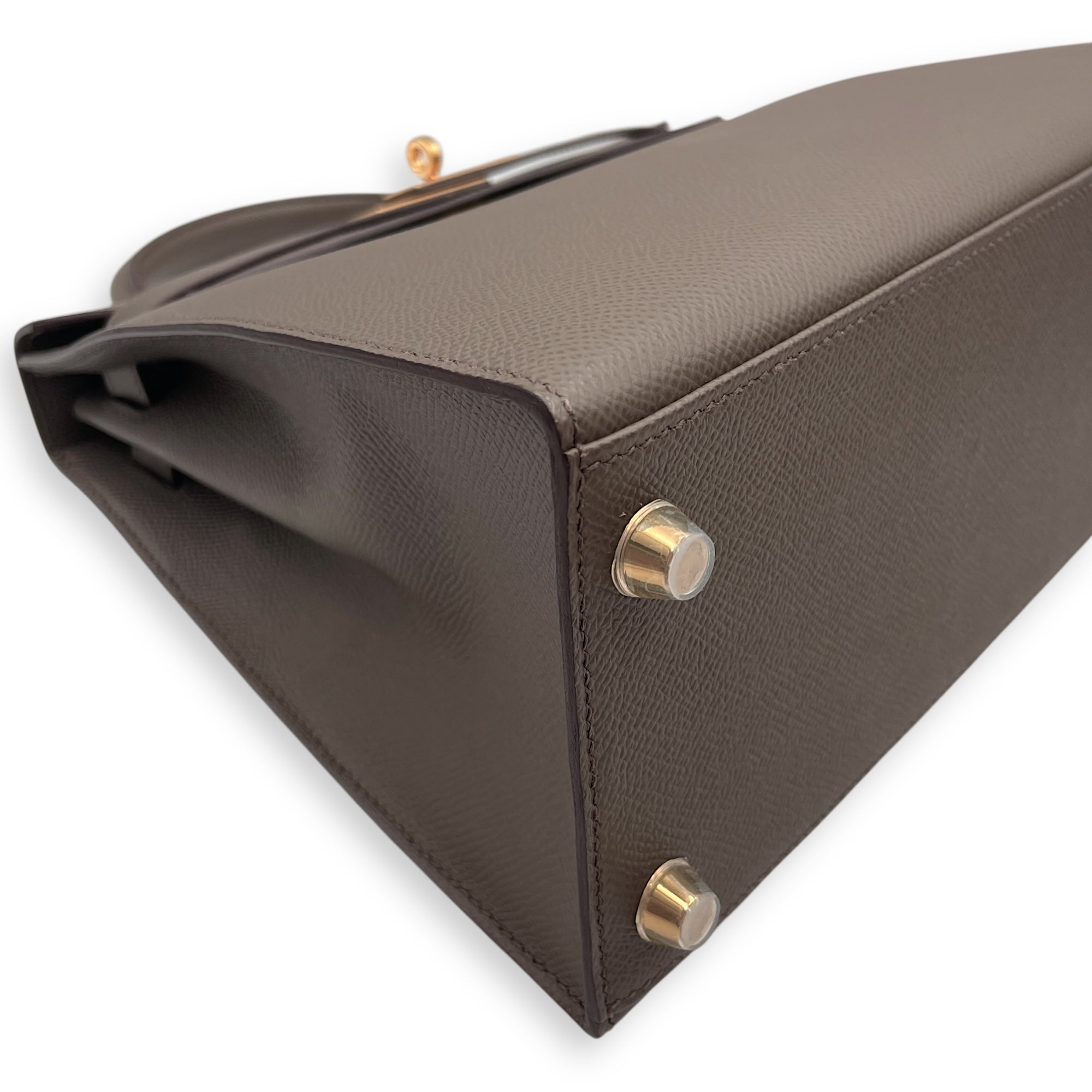 Sellier Kelly 28 Gris Etain in Epsom, Gold hardware