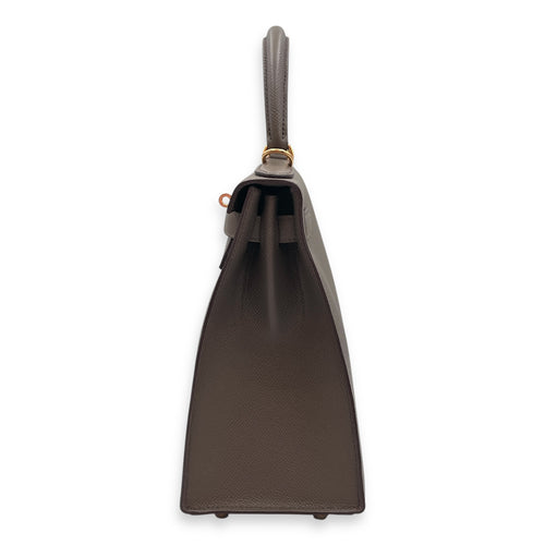 Sellier Kelly 28 Gris Etain in Epsom, Gold hardware