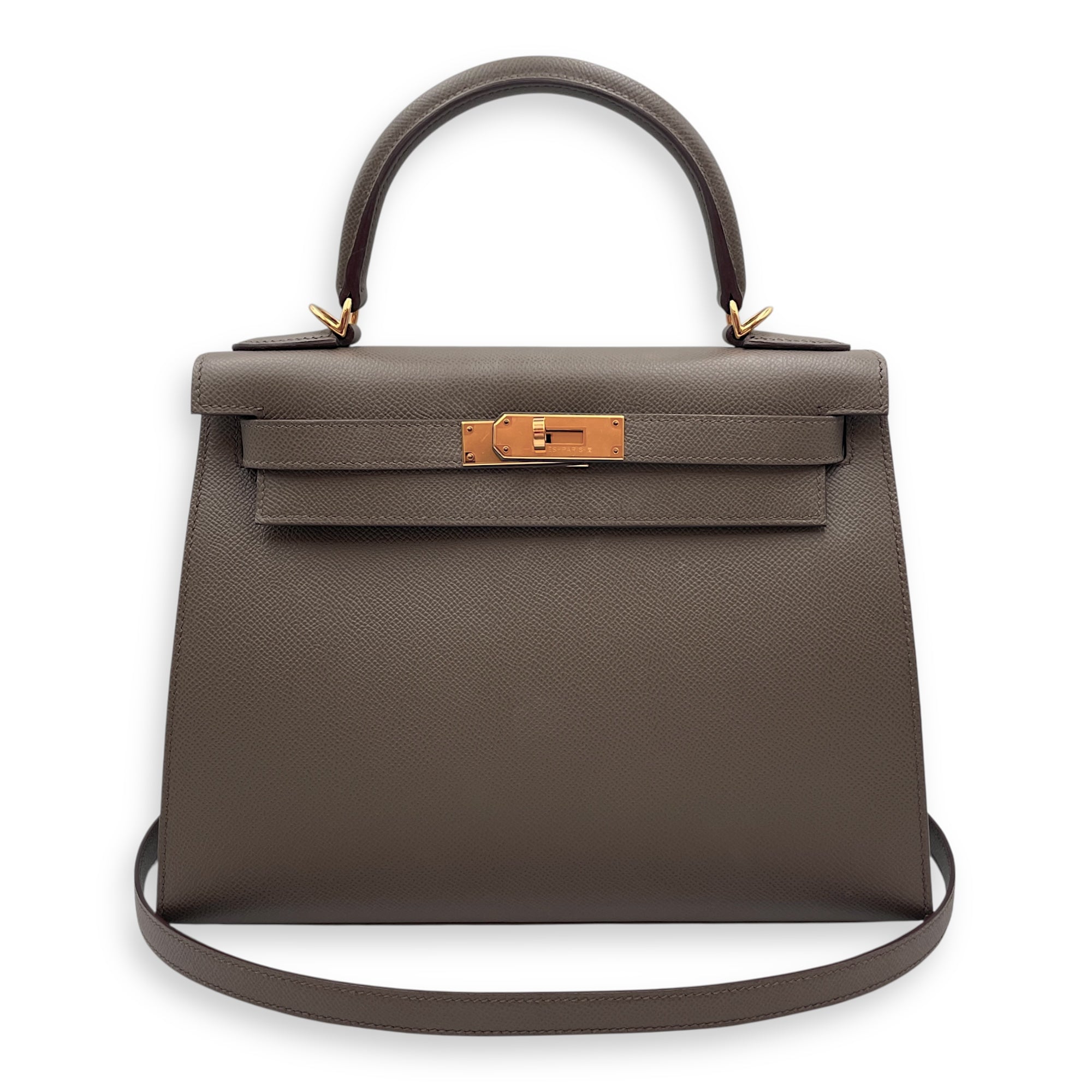 Sellier Kelly 28 Gris Etain in Epsom, Gold hardware
