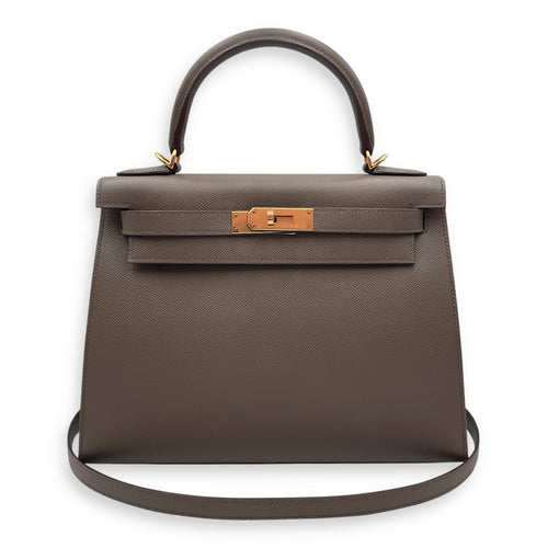 Sellier Kelly 28 Gris Etain in Epsom, Gold hardware
