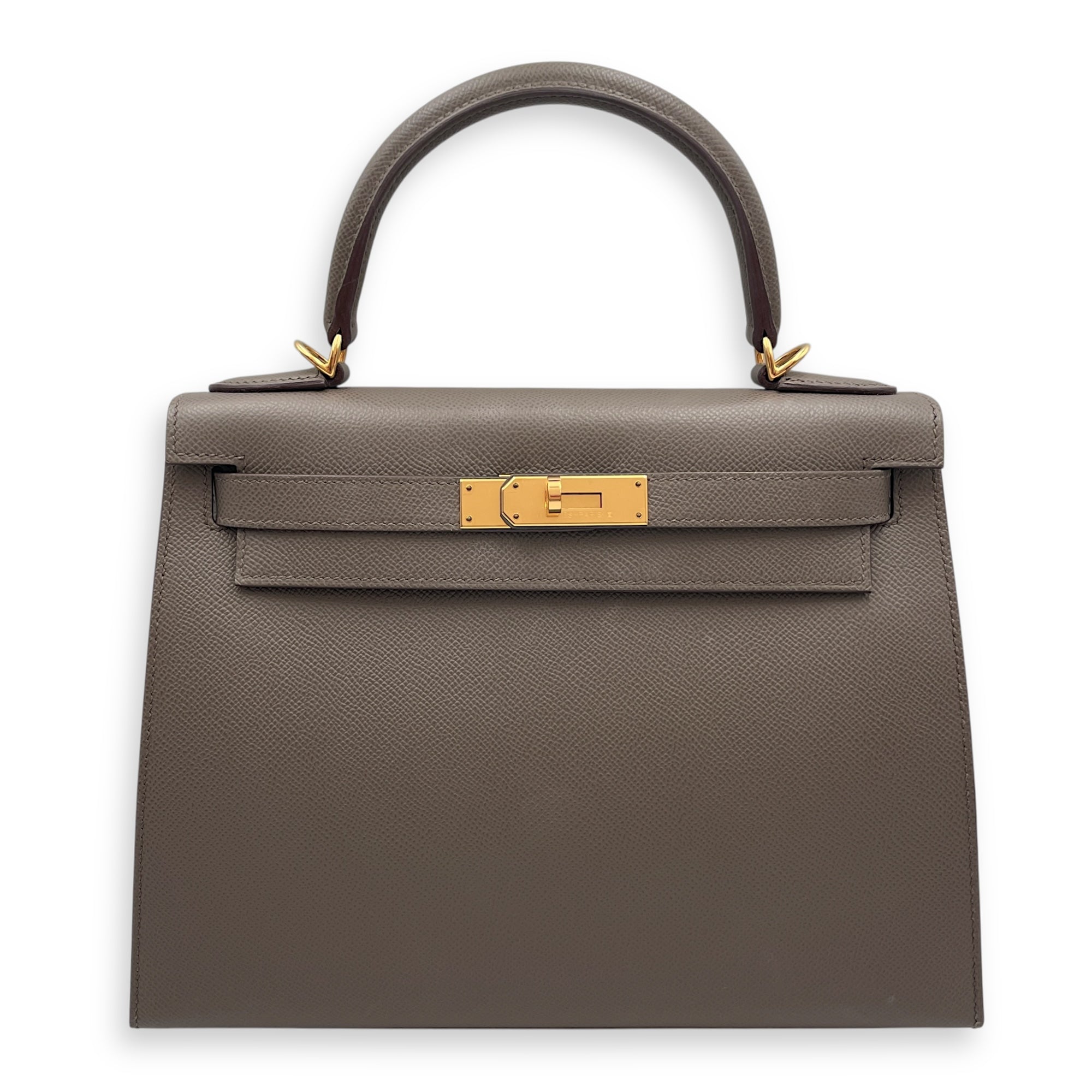 Sellier Kelly 28 Gris Etain in Epsom, Gold hardware