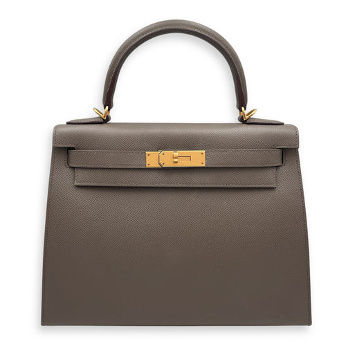 Sellier Kelly 28 Gris Etain in Epsom, Gold hardware