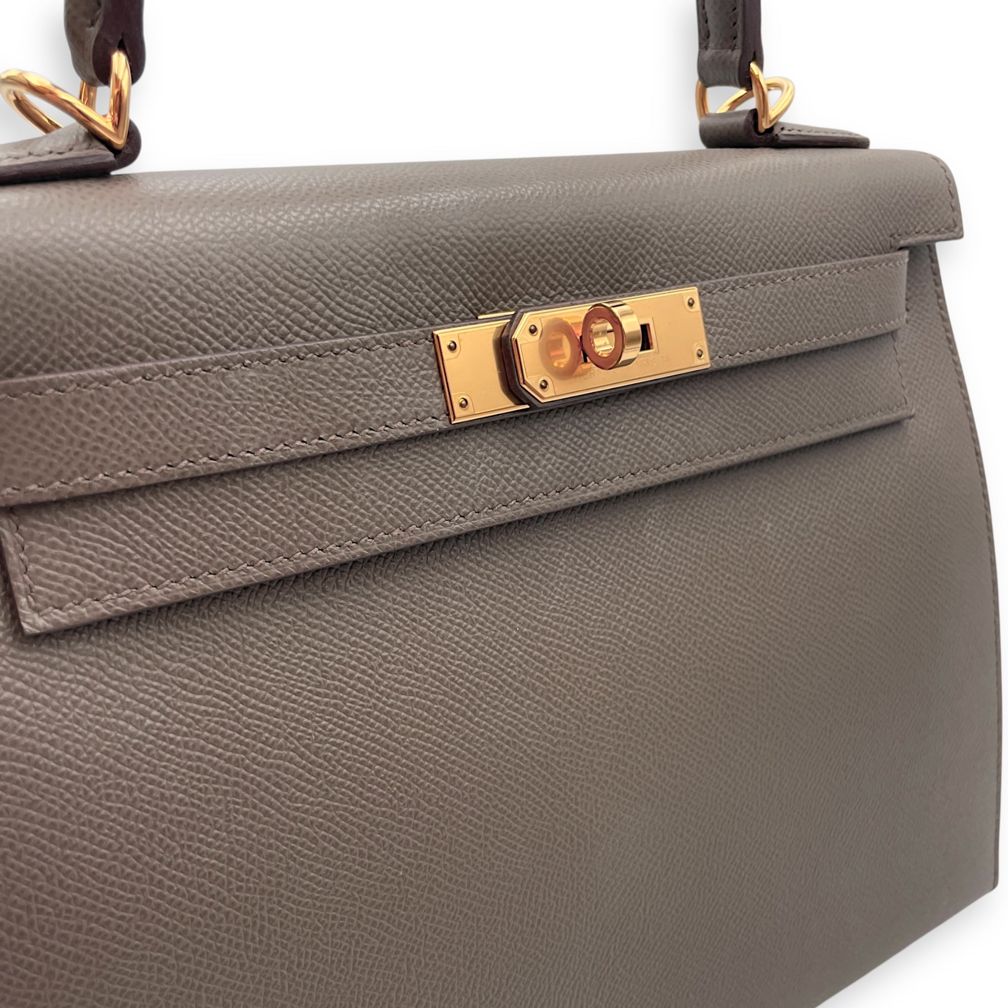 Sellier Kelly 28 Gris Etain in Epsom, Gold hardware