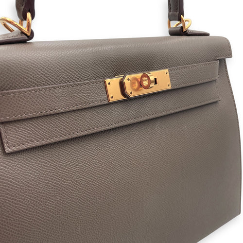 Sellier Kelly 28 Gris Etain in Epsom, Gold hardware