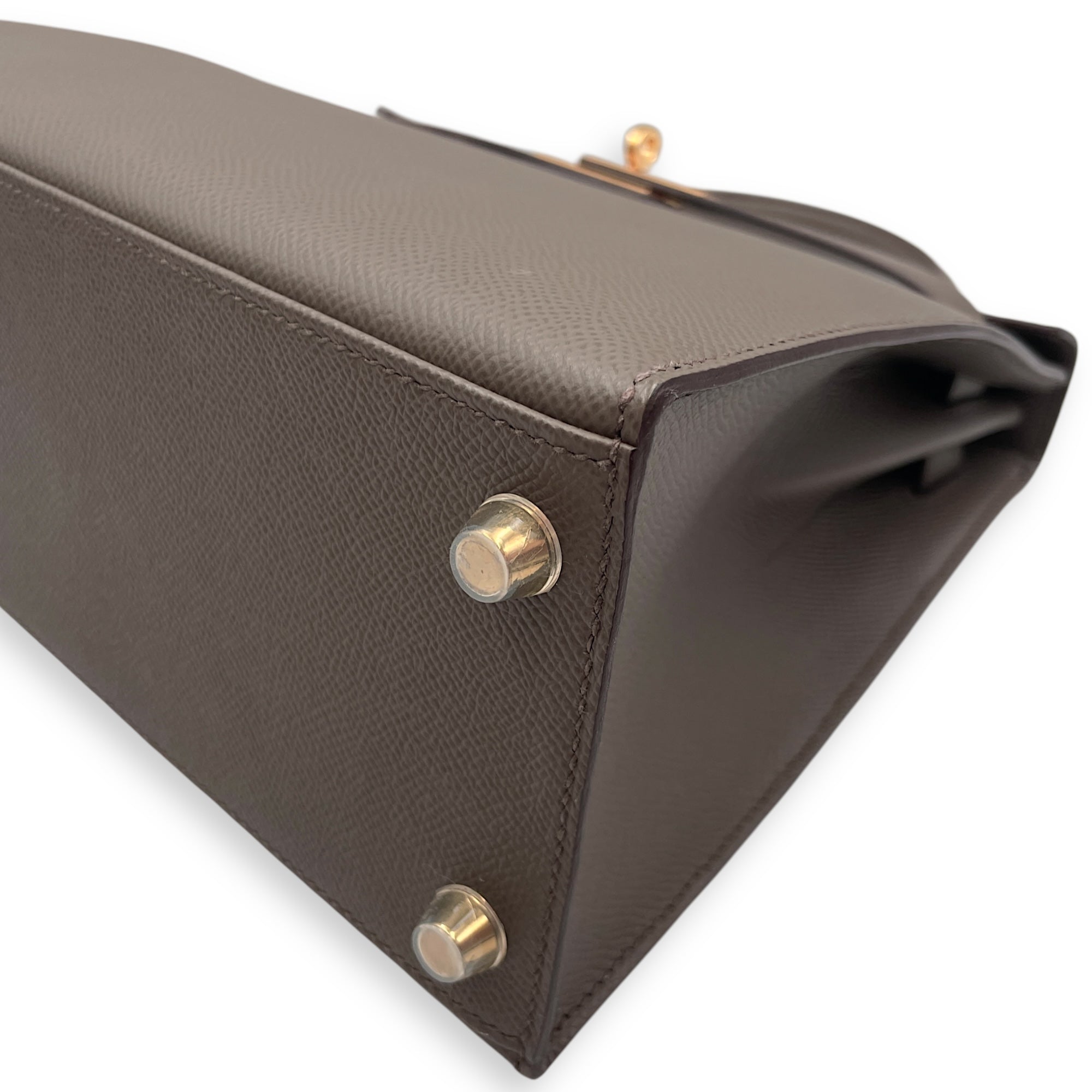 Sellier Kelly 28 Gris Etain in Epsom, Gold hardware