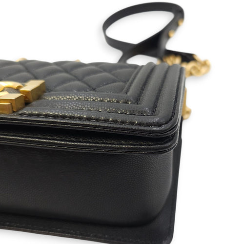 Le Boy Small Black Shoulder Bag in Caviar Leather, Gold hardware
